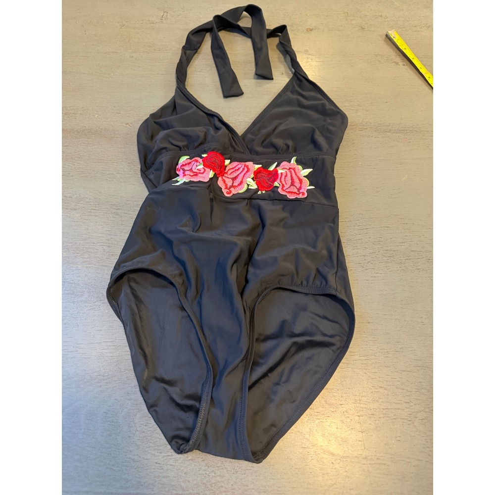 Newport News Swim Black Halter One Piece Swimsuit Rose Floral Embroidery Size 6